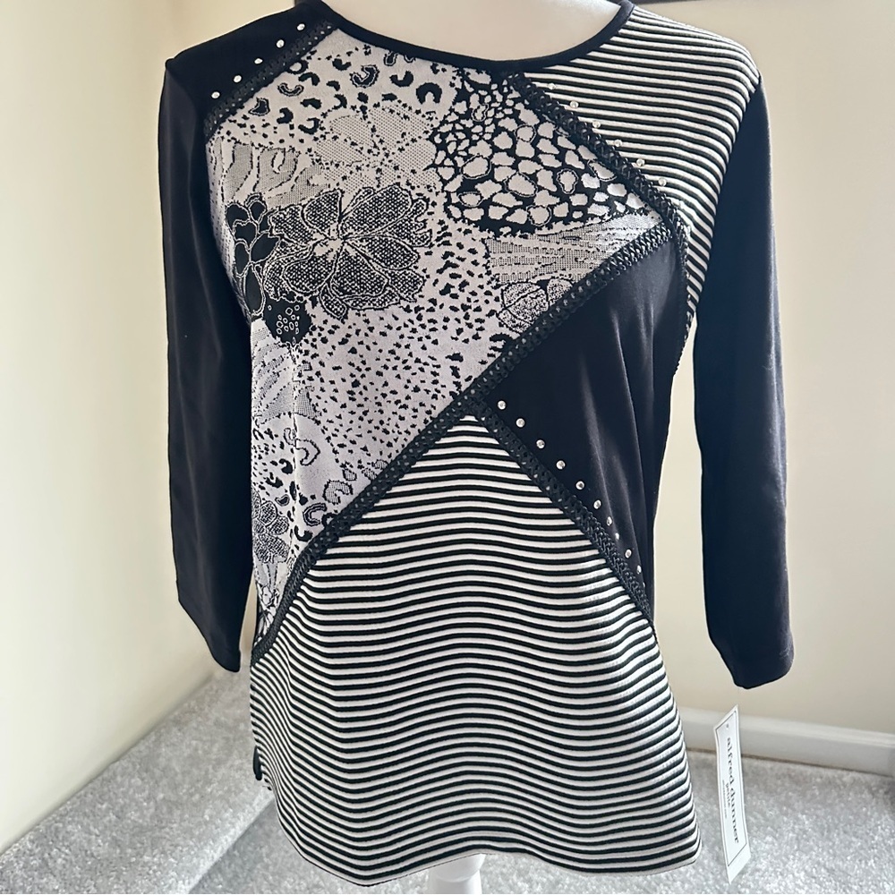 👉 Alfred Dunner Petite Patchwork Stripe Embellished Top PS 3/4 Sleeve Cotton